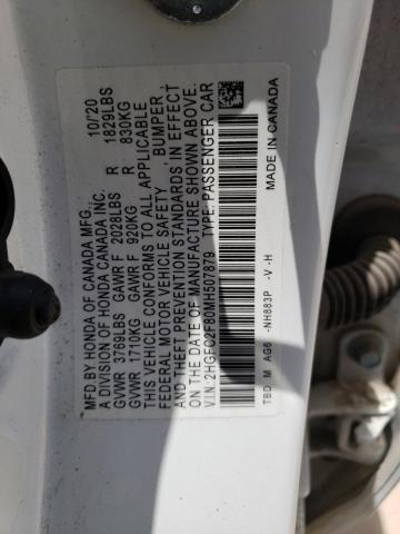2HGFC2F80MH507879 - 2021 HONDA CIVIC SPORT WHITE photo 12