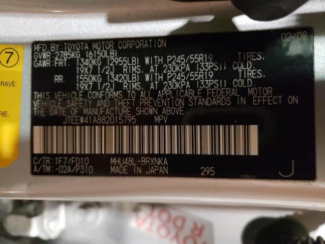 JTEEW41A882015795 - 2008 TOYOTA HIGHLANDER HYBRID SILVER photo 12