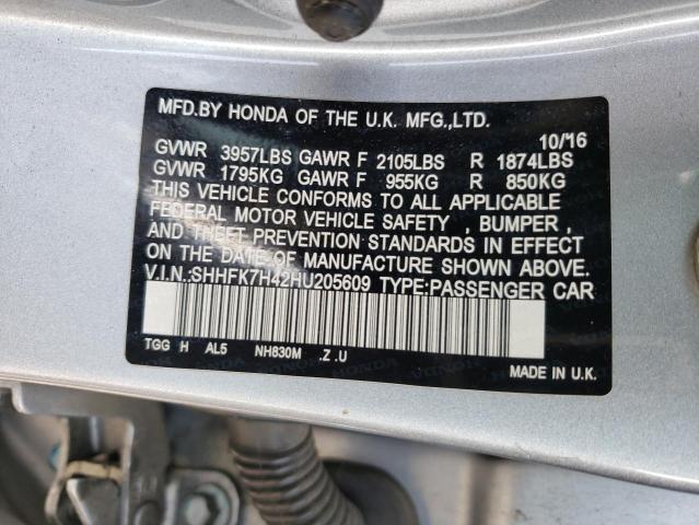 SHHFK7H42HU205609 - 2017 HONDA CIVIC SPORT 灰色 照片 12