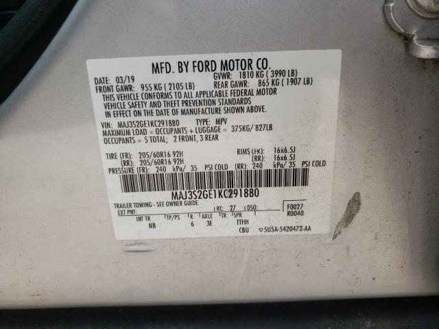 MAJ3S2GE1KC291880 - 2019 FORD ECOSPORT SE ვერცხლისფერი ფოტო 13