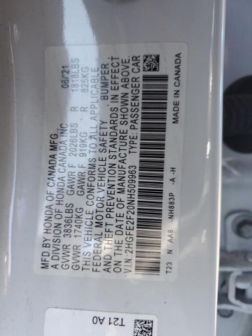 2HGFE2F20NH509963 - 2022 HONDA CIVIC LX WHITE photo 12