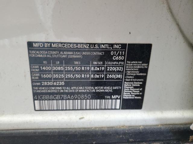 4JGBB8GB7BA690850 - 2011 MERCEDES-BENZ ML 350 4MATIC WHITE photo 13