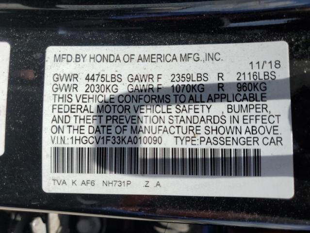 1HGCV1F33KA010090 - 2019 HONDA ACCORD SPORT أسود صورة 12