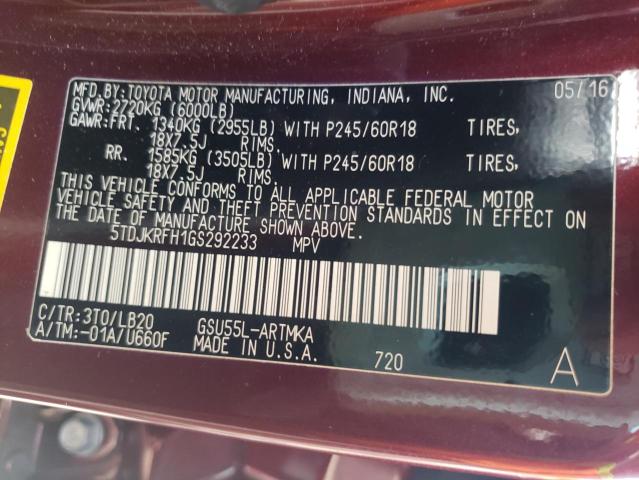 5TDJKRFH1GS292233 - 2016 TOYOTA HIGHLANDER XLE Bordo foto 12