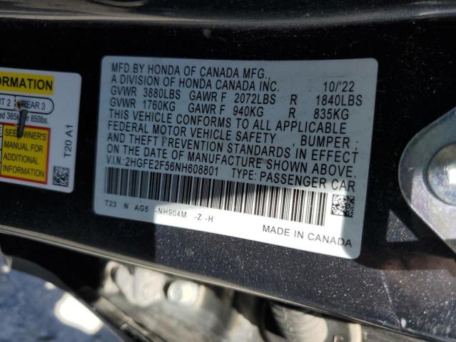 2HGFE2F56NH608801 - 2022 HONDA CIVIC SPORT ნაცრისფერი ფოტო 13