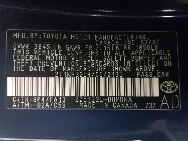 2T1KR32E47C672135 - 2007 TOYOTA COROLLA MA XR BLUE photo 12