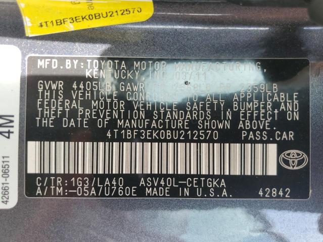 4T1BF3EK0BU212570 - 2011 TOYOTA CAMRY BASE Gri fotoğraf 12