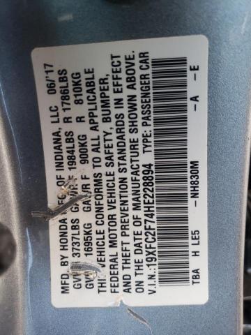 19XFC2F74HE228894 - 2017 HONDA CIVIC EX SILVER photo 12