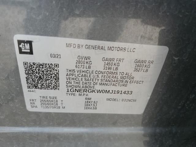 1GNERGKW0MJ191433 - 2021 CHEVROLET TRAVERSE LT GRAY photo 13