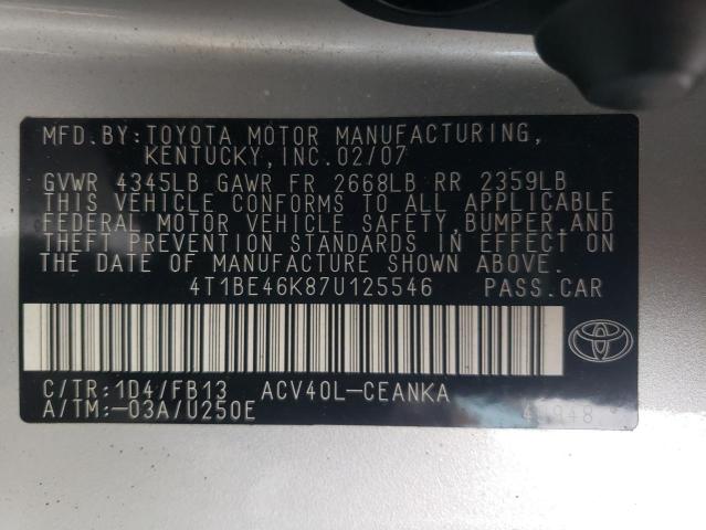 4T1BE46K87U125546 - 2007 TOYOTA CAMRY CE SILVER photo 13