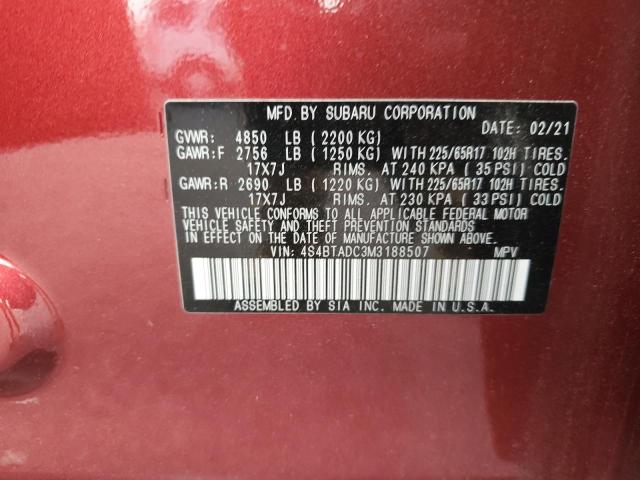 4S4BTADC3M3188507 - 2021 SUBARU OUTBACK PREMIUM RED photo 13