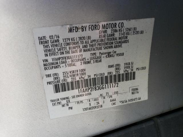 1FAHP2F83GG111172 - 2016 FORD TAURUS LIMITED SILVER photo 12