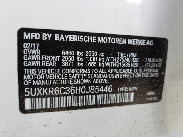 5UXKR6C36H0J85446 - 2017 BMW X5 XDRIVE50I WHITE photo 10