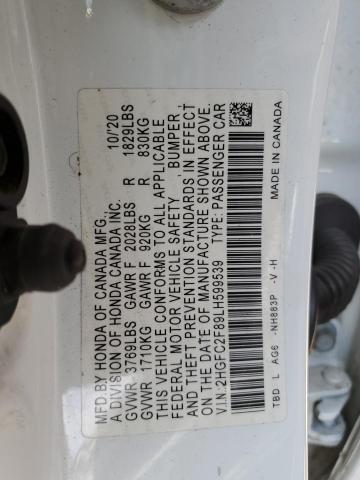 2HGFC2F89LH599539 - 2020 HONDA CIVIC SPORT თეთრი ფოტო 12