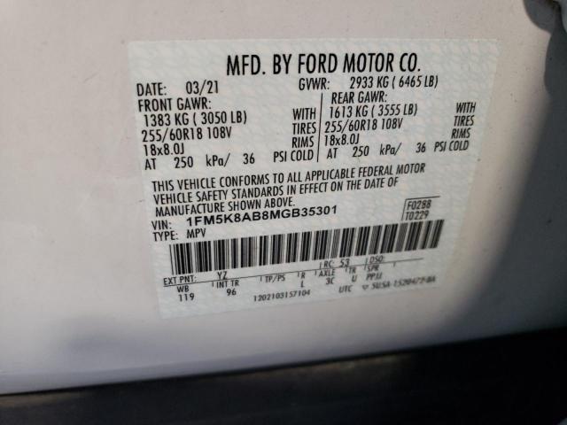 1FM5K8AB8MGB35301 - 2021 FORD EXPLORER POLICE INTERCEPTOR WHITE photo 12