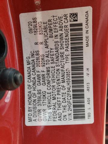 2HGFC2F84LH593857 - 2020 HONDA CIVIC SPORT 红色 照片 12