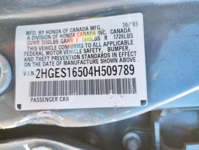 2HGES16504H509789 - 2004 HONDA CIVIC LX GRAY photo 10