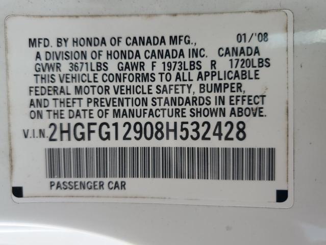 2HGFG12908H532428 - 2008 HONDA CIVIC EXL WHITE photo 12