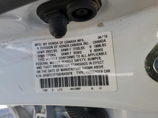 2HGFC1F75GH643978 - 2016 HONDA CIVIC EXL WHITE photo 13