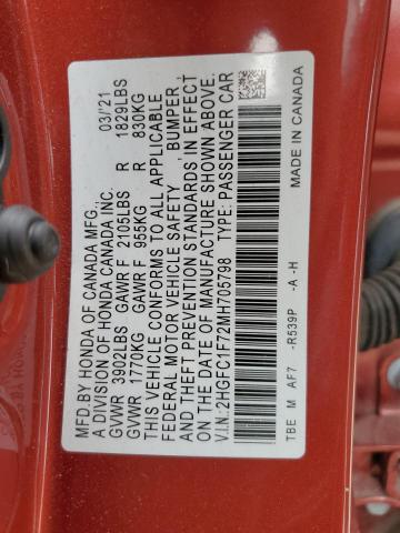 2HGFC1F72MH705798 - 2021 HONDA CIVIC EXL BURGUNDY photo 13