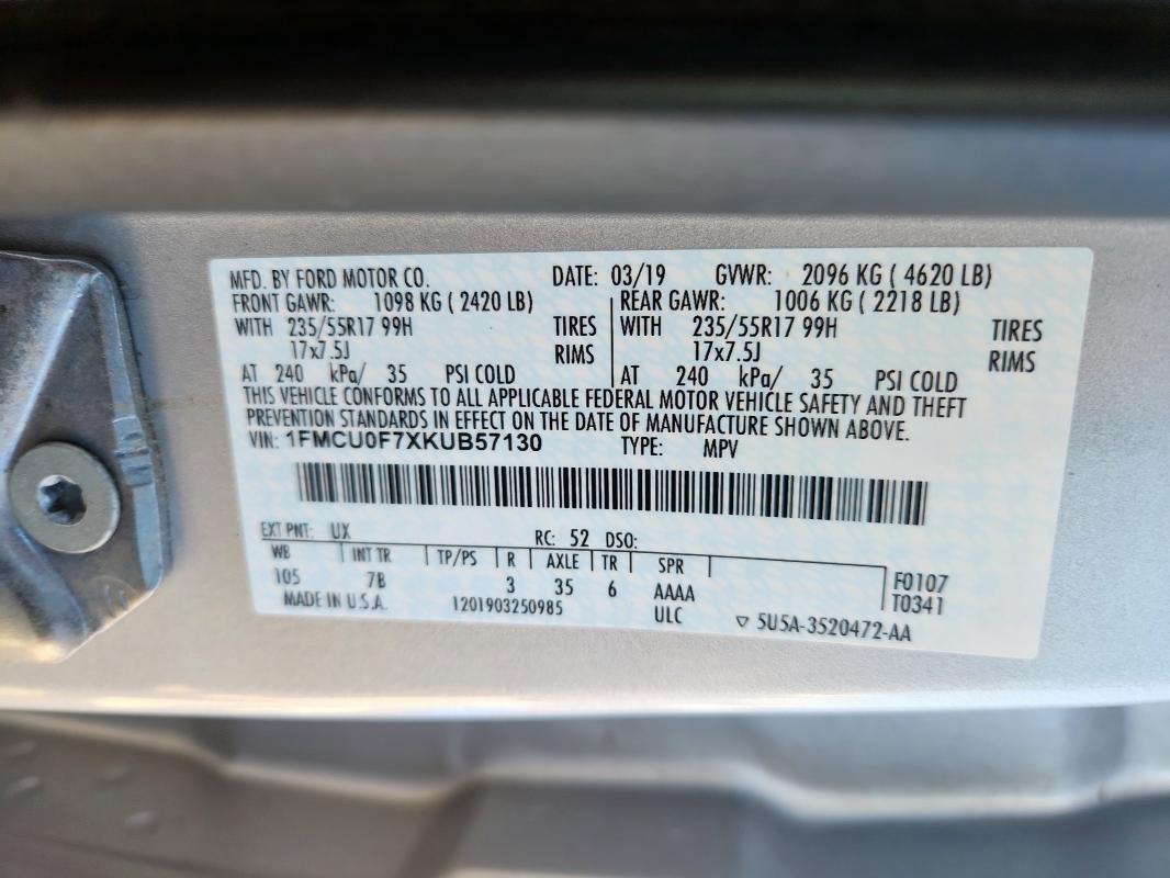 1FMCU0F7XKUB57130 - 2019 FORD ESCAPE S Gümüş foto 13