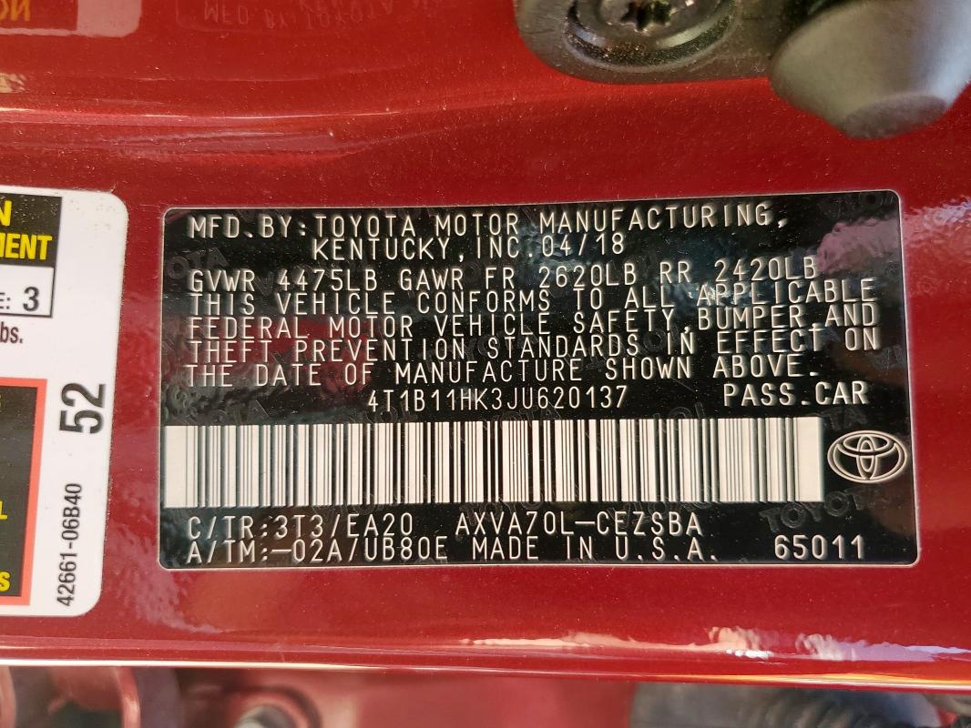 4T1B11HK3JU620137 - 2018 TOYOTA CAMRY L Qırmızı foto 12