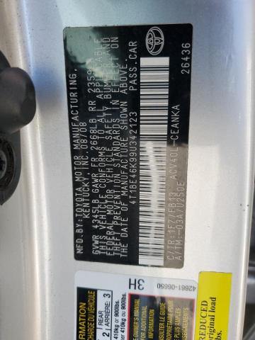 4T1BE46K99U342123 - 2009 TOYOTA CAMRY BASE SILVER photo 12
