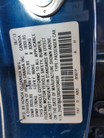 2HGFB6E5XDH704639 - 2013 HONDA CIVIC SI BLUE photo 13