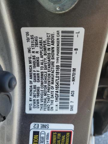 1HGFA16547L018169 - 2007 HONDA CIVIC LX GRAY photo 12