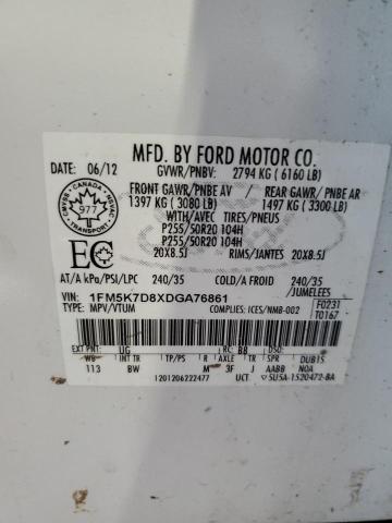 1FM5K7D8XDGA76861 - 2013 FORD EXPLORER XLT Սպիտակ լուսանկար 12