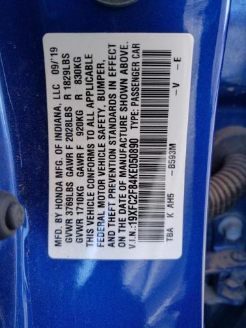 19XFC2F84KE050890 - 2019 HONDA CIVIC SPORT BLUE photo 12