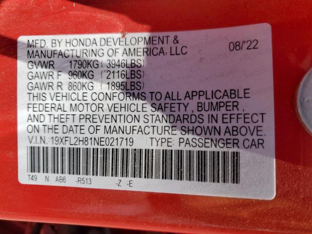 19XFL2H81NE021719 - 2022 HONDA CIVIC SPORT RED photo 13