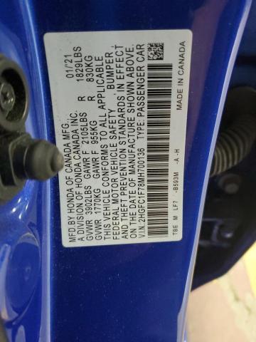2HGFC1F78MH700136 - 2021 HONDA CIVIC EXL BLUE photo 12
