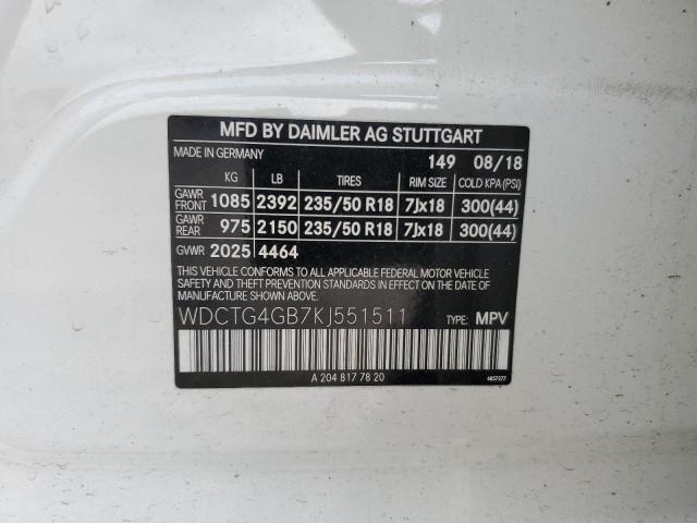 WDCTG4GB7KJ551511 - 2019 MERCEDES-BENZ GLA 250 4MATIC WHITE photo 12