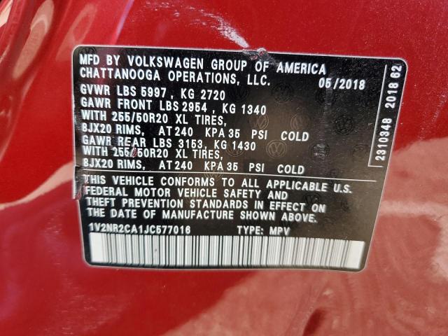 1V2NR2CA1JC577016 - 2018 VOLKSWAGEN ATLAS SEL PREMIUM RED photo 13