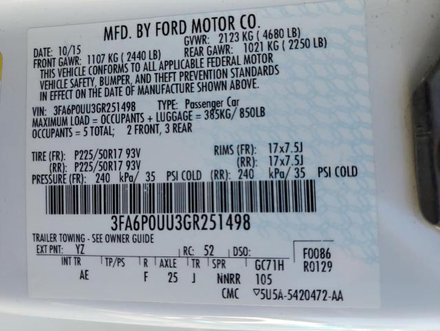 3FA6P0UU3GR251498 - 2016 FORD FUSION S HYBRID WHITE photo 12