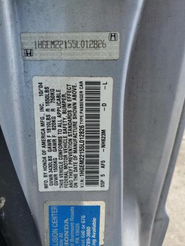 1HGEM22155L012826 - 2005 HONDA CIVIC DX VP Silber Foto 12