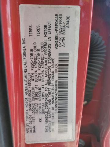 5TEGN92N24Z368036 - 2004 TOYOTA TACOMA DOUBLE CAB PRERUNNER RED photo 12