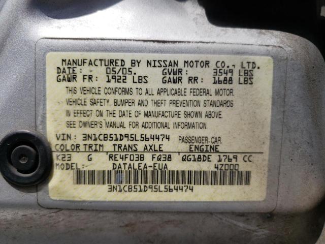 3N1CB51D95L564474 - 2005 NISSAN SENTRA 1.8 SILVER photo 13