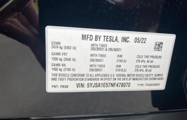 5YJSA1E57NF478070 - 2022 TESLA MODEL S Чорний фото 10