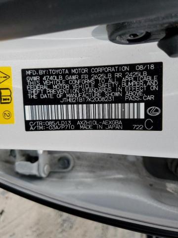 JTHB21B17K2008231 - 2019 LEXUS ES 300H WHITE photo 13