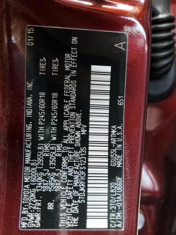 5TDJKRFH3FS123135 - 2015 TOYOTA HIGHLANDER XLE Bordo foto 14