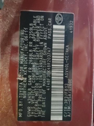 4T4BF3EK4BR203747 - 2011 TOYOTA CAMRY BASE წითელი ფოტო 13