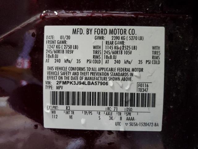 2FMPK3J94LBA57906 - 2020 FORD EDGE SEL BURGUNDY photo 14