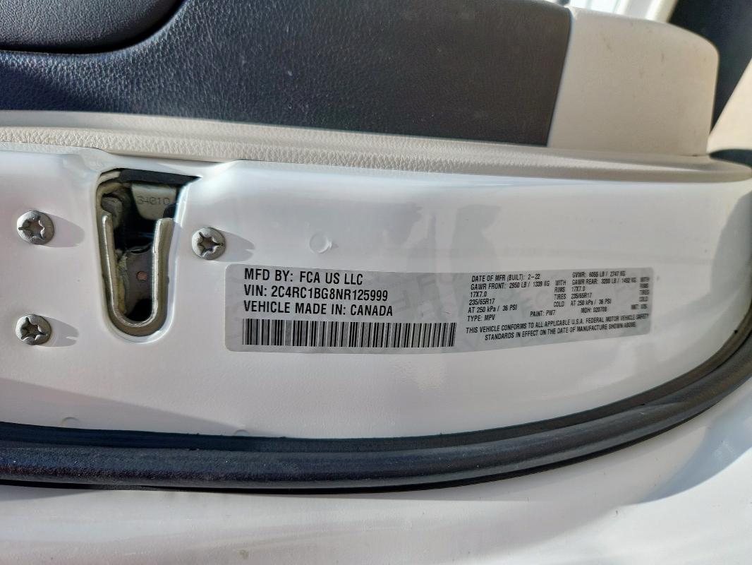 2C4RC1BG8NR125999 - 2022 CHRYSLER PACIFICA TOURING L WHITE photo 13