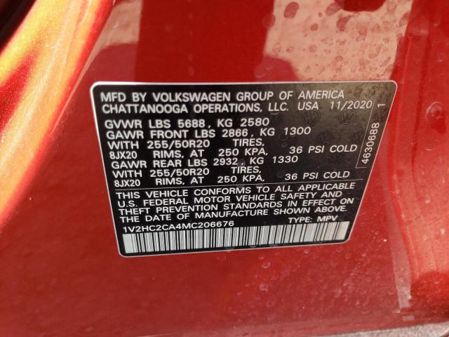 1V2HC2CA4MC206676 - 2021 VOLKSWAGEN ATLAS CROS SE წითელი ფოტო 12