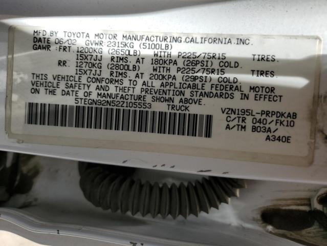 5TEGN92N52Z105553 - 2002 TOYOTA TACOMA DOUBLE CAB PRERUNNER WHITE photo 13