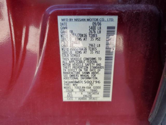 5N1AN08W87C500796 - 2007 NISSAN XTERRA OFF ROAD MAROON photo 13