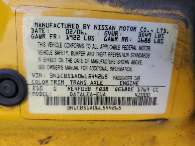 3N1CB51A06L544265 - 2006 NISSAN SENTRA 1.8S YELLOW photo 12