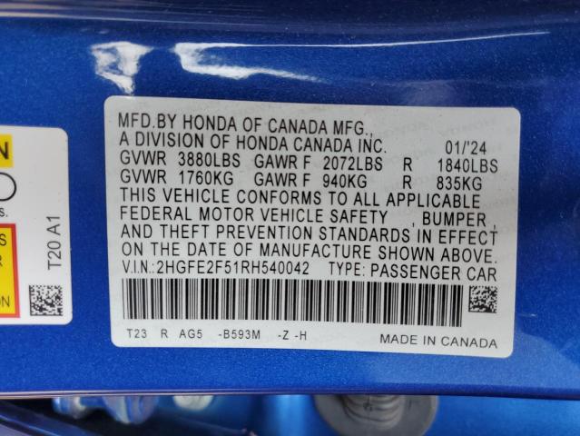 2HGFE2F51RH540042 - 2024 HONDA CIVIC SPORT 蓝色 照片 13